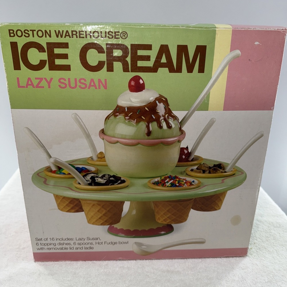 2005 Boston Warehouse 16 Piece Rare Ice Cream Sundae Carousel Lazy Susan In Box